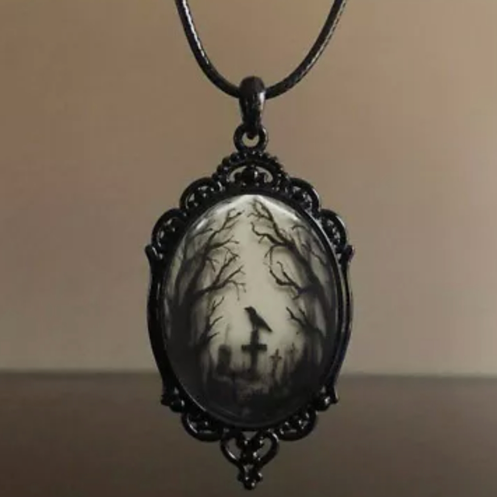 New Creepy Gothic Glass Black Crow Raven Pendant Cementary Necklace Halloween